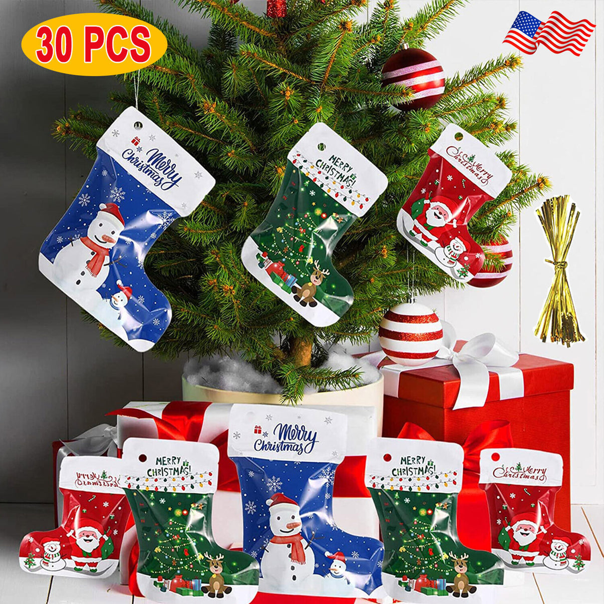 30PCS Christmas Ziplock With Ties Assorted Sizes Stocking Wrapping Bag Creative Haves